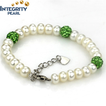 7mm AAA with Green Crystal Ball Freshwater Bread Round Pearl Bracelet